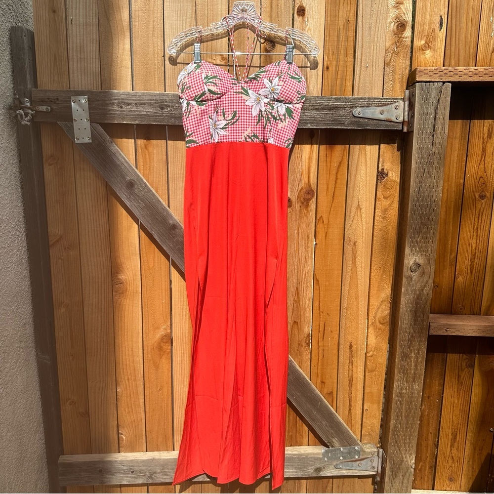 Clara Story Red Strappy Bustier Wide Leg Jumpsuit Floral Gingham Print Top Small